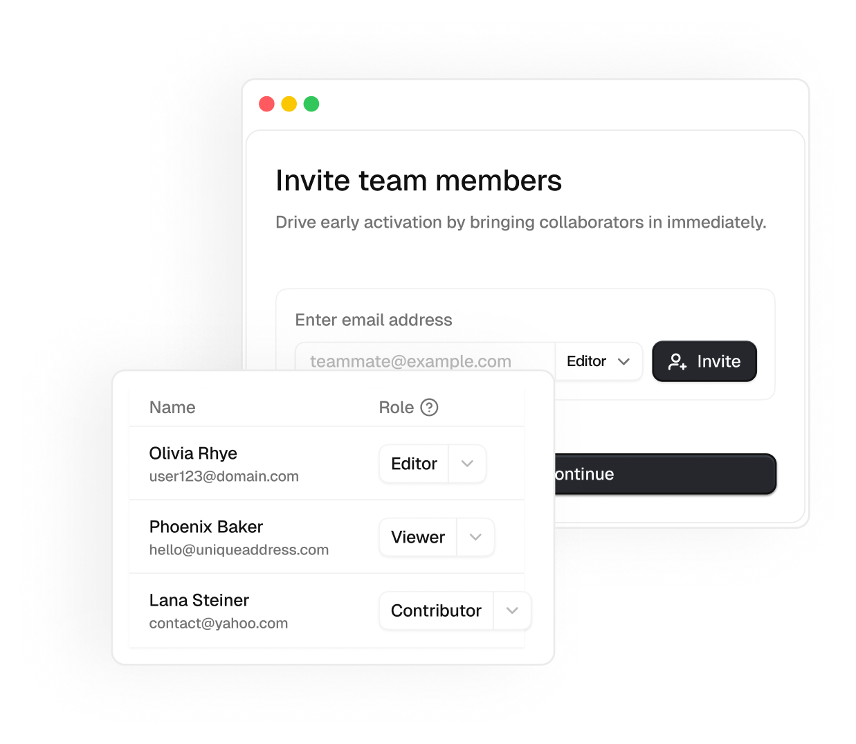 Chatsy collaboration feature showing team invitation and role management.