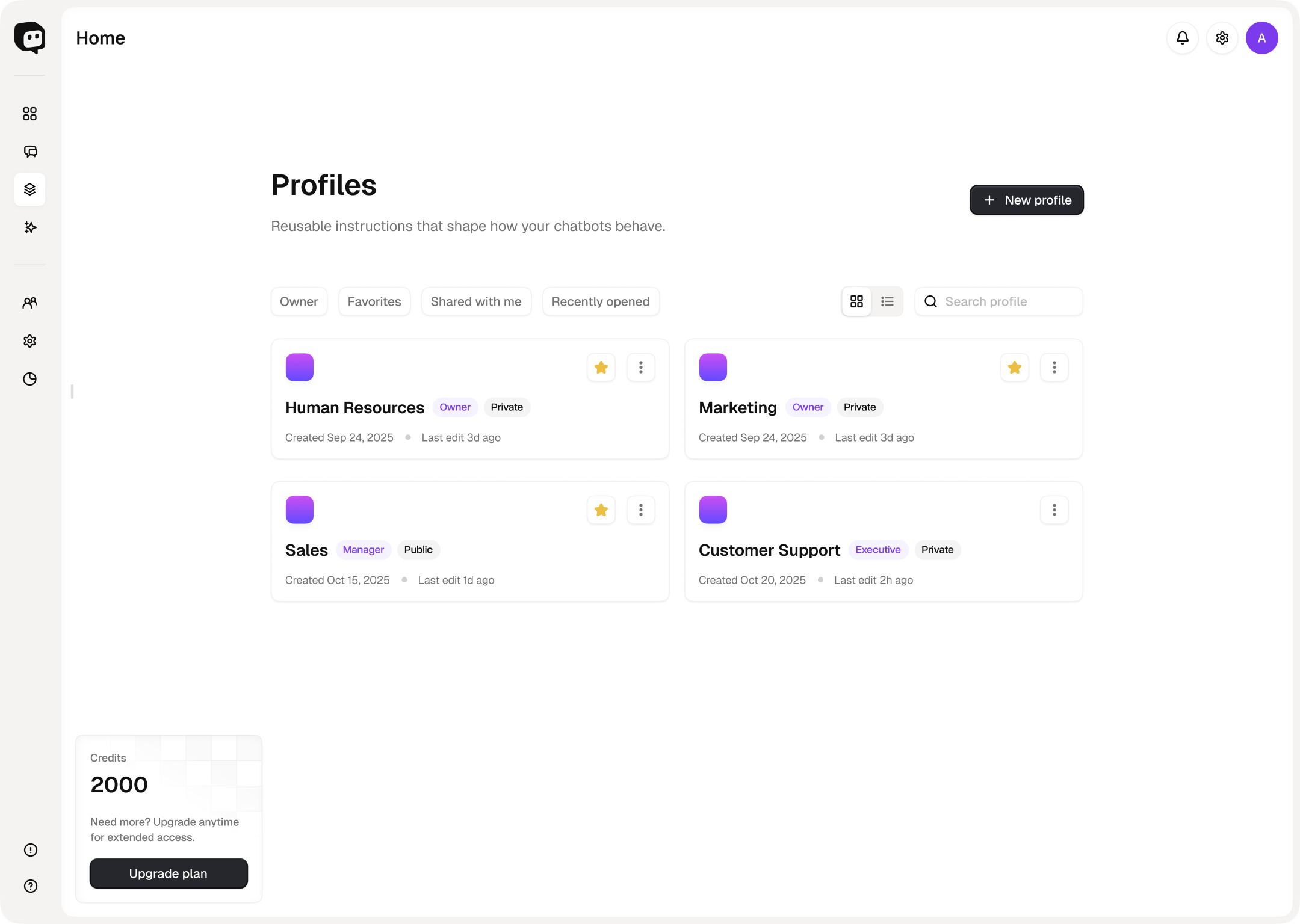 Chatsy profiles screen showing reusable templates and profile cards.